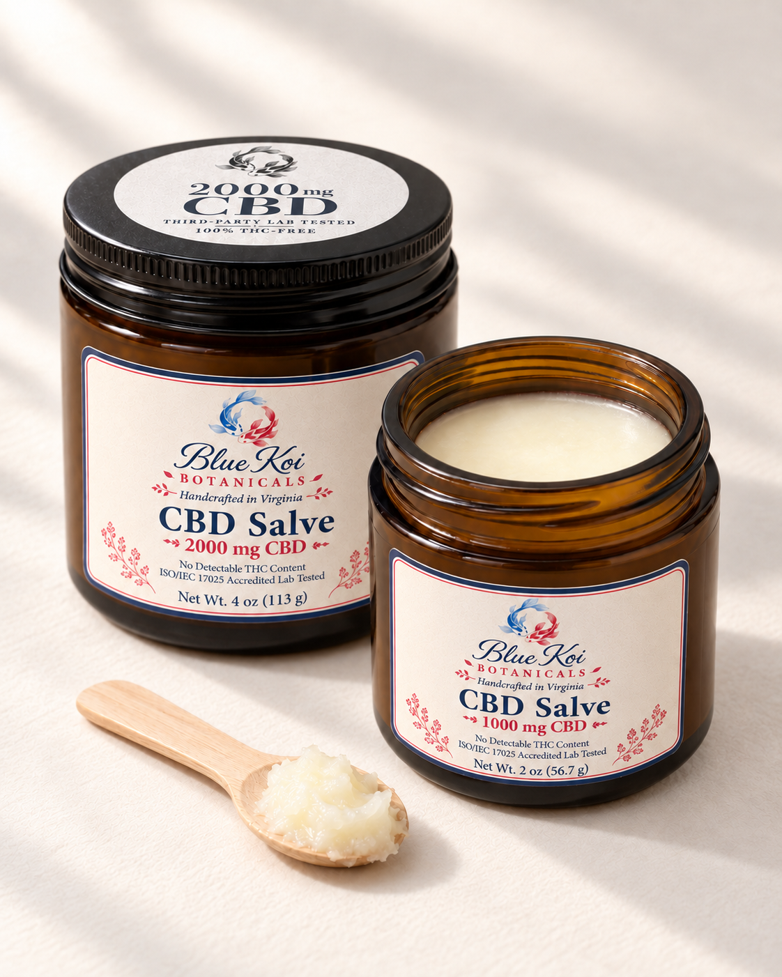 Blue Koi CBD Salves in 2 oz and 4 oz jars