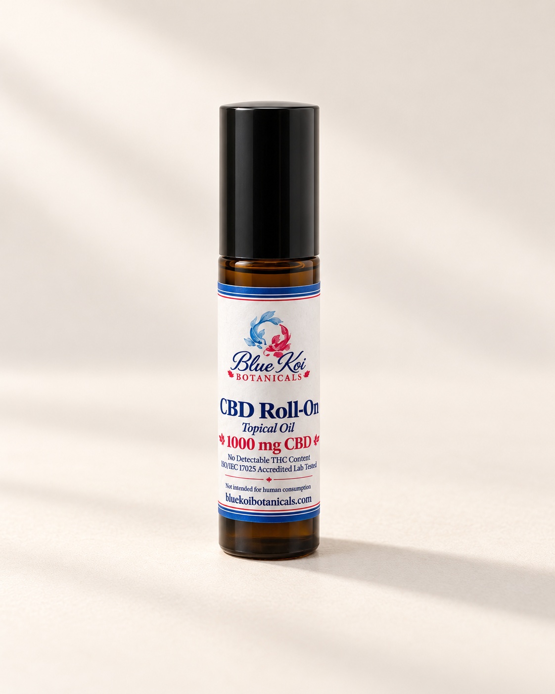Blue Koi CBD Roll-On, 10 mL with 1,000 mg CBD, in an amber bottle with a black cap