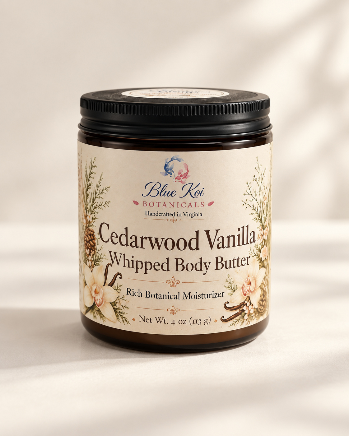 Blue Koi Cedarwood Vanilla Whipped Body Butter in a jar with 8 oz capacity