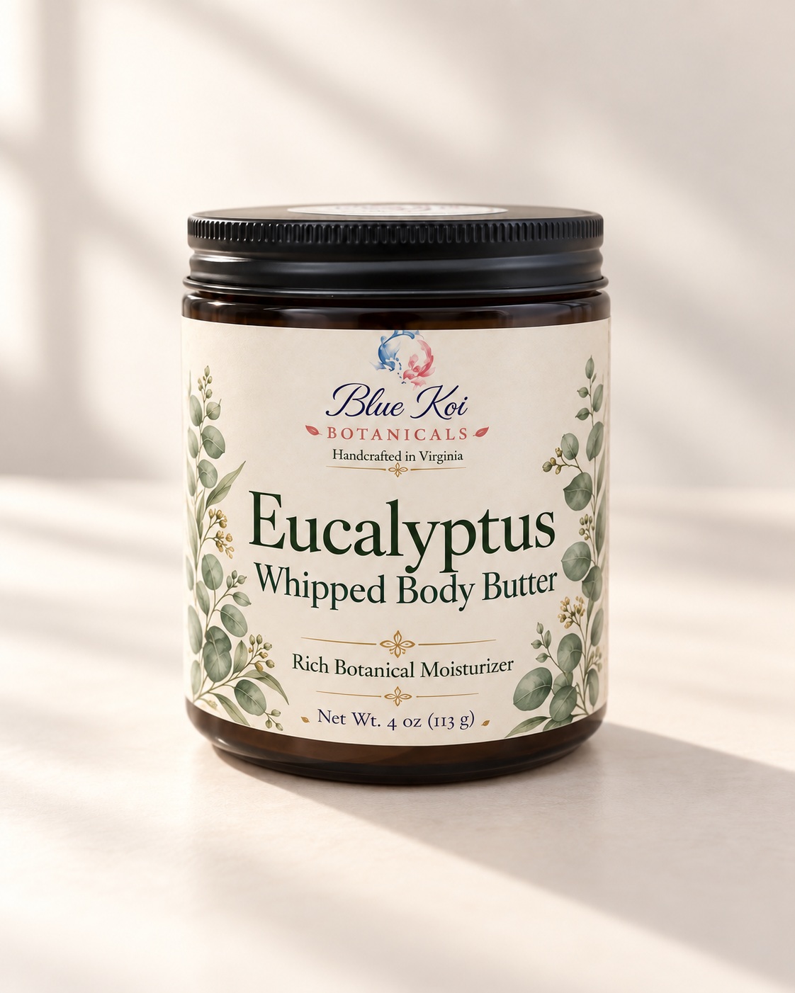 Blue Koi Eucalyptus Whipped Body Butter in a jar with 8 oz capacity