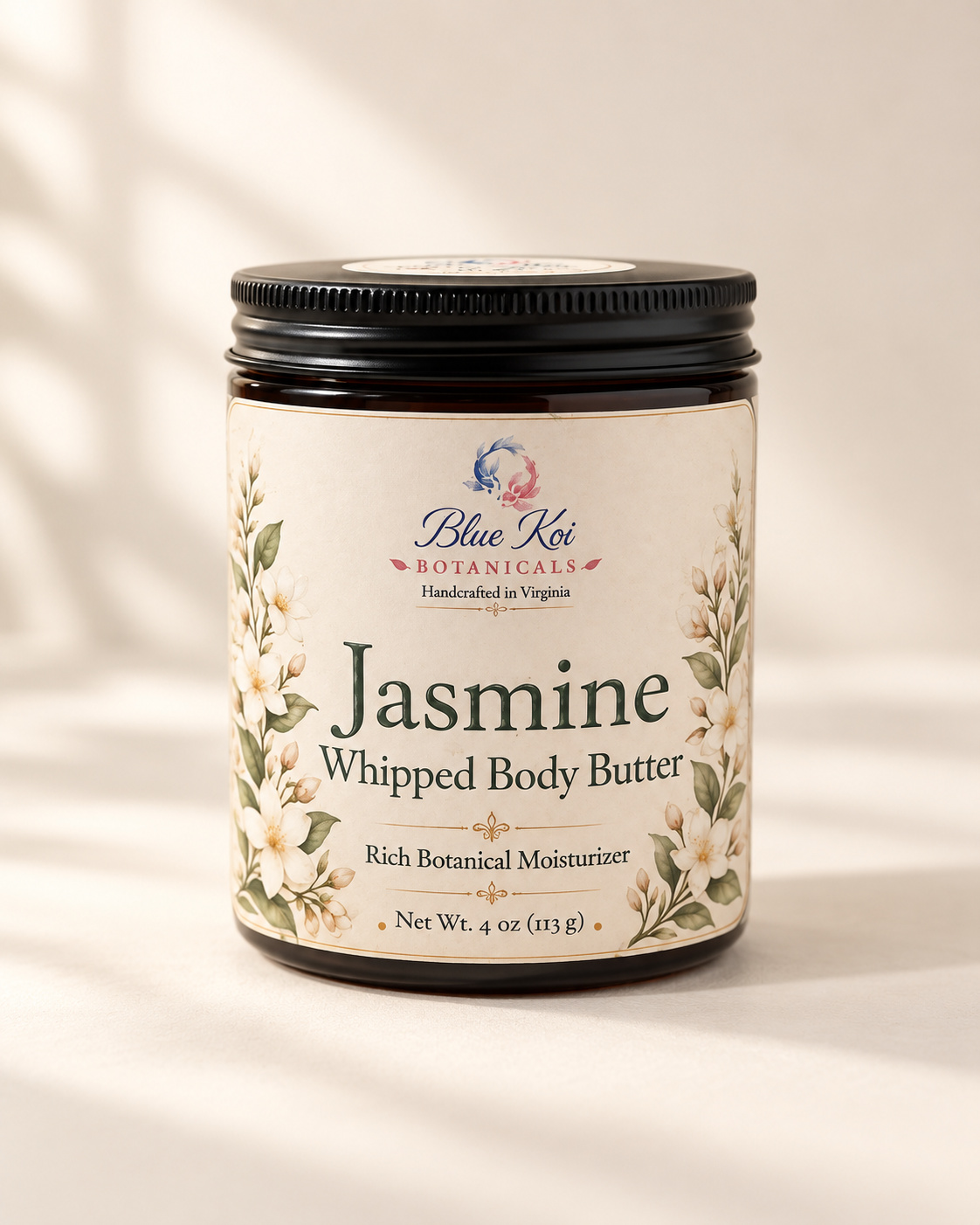 Blue Koi Jasmine Whipped Body Butter in a jar with 8 oz capacity