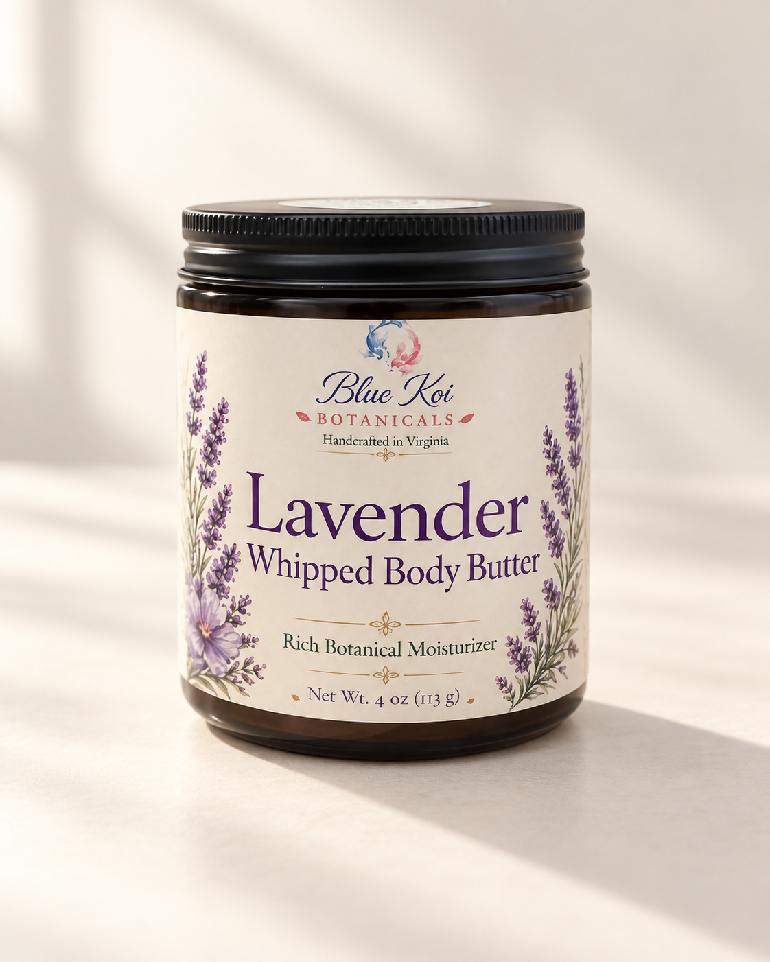 Blue Koi Lavender Whipped Body Butter in a jar with 8 oz capacity