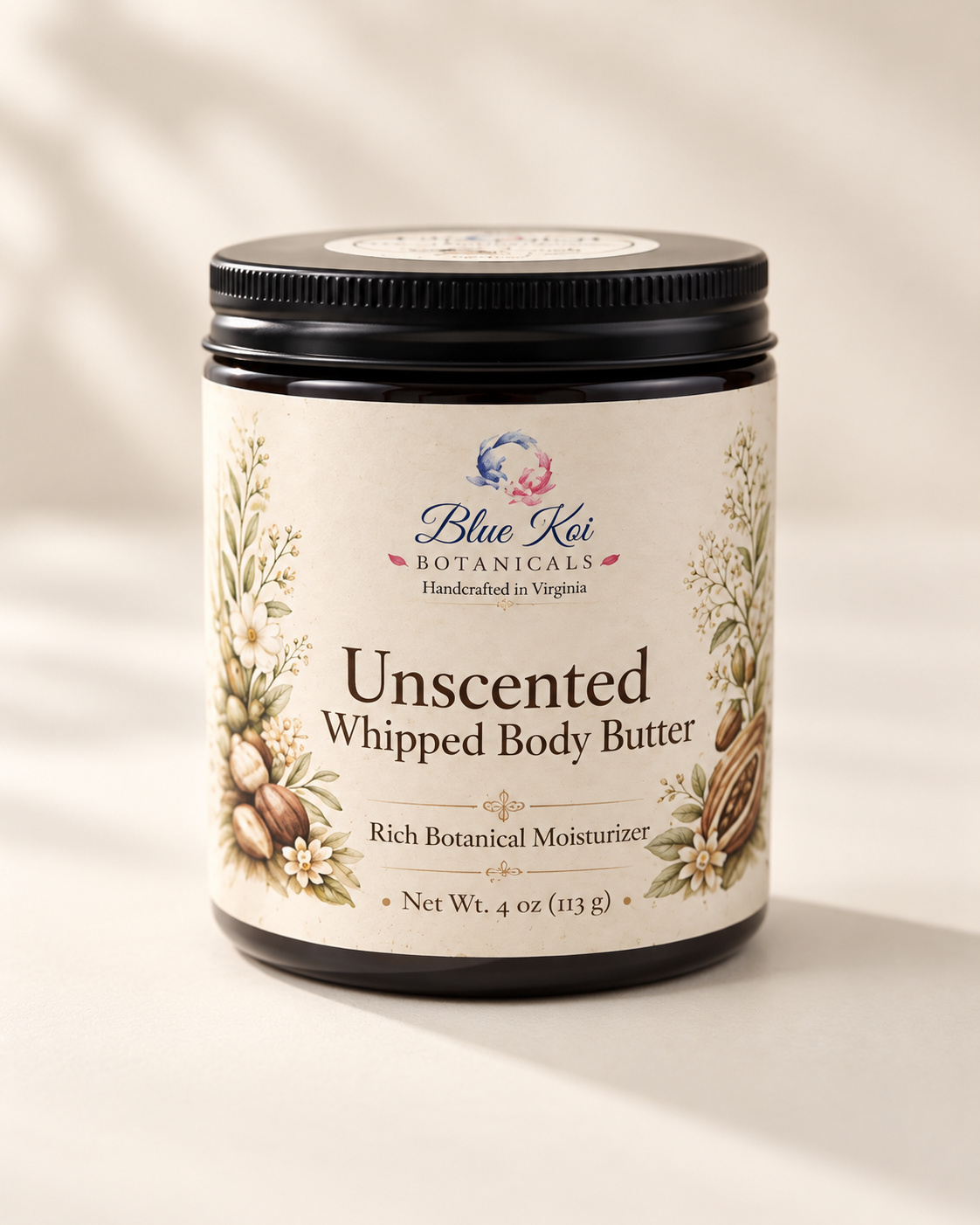 Blue Koi Unscented Whipped Body Butter in a jar with 8 oz capacity